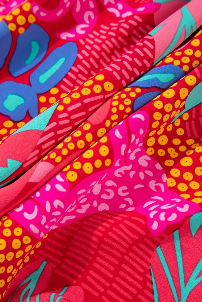 Rose Tropical Printed Lantern Sleeve V Neck Ruffled Plus Size Mini Dress - Love Salve